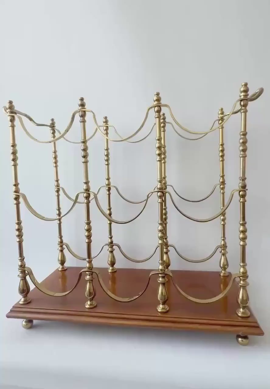 Hollywood Regency Brass & Wood Wine Rack.