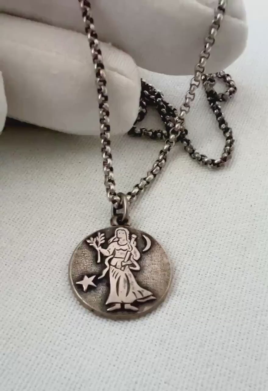 Antique Silver Virgo Zodiac Pendant Necklace - Austro-Hungarian Diana Hallmark
