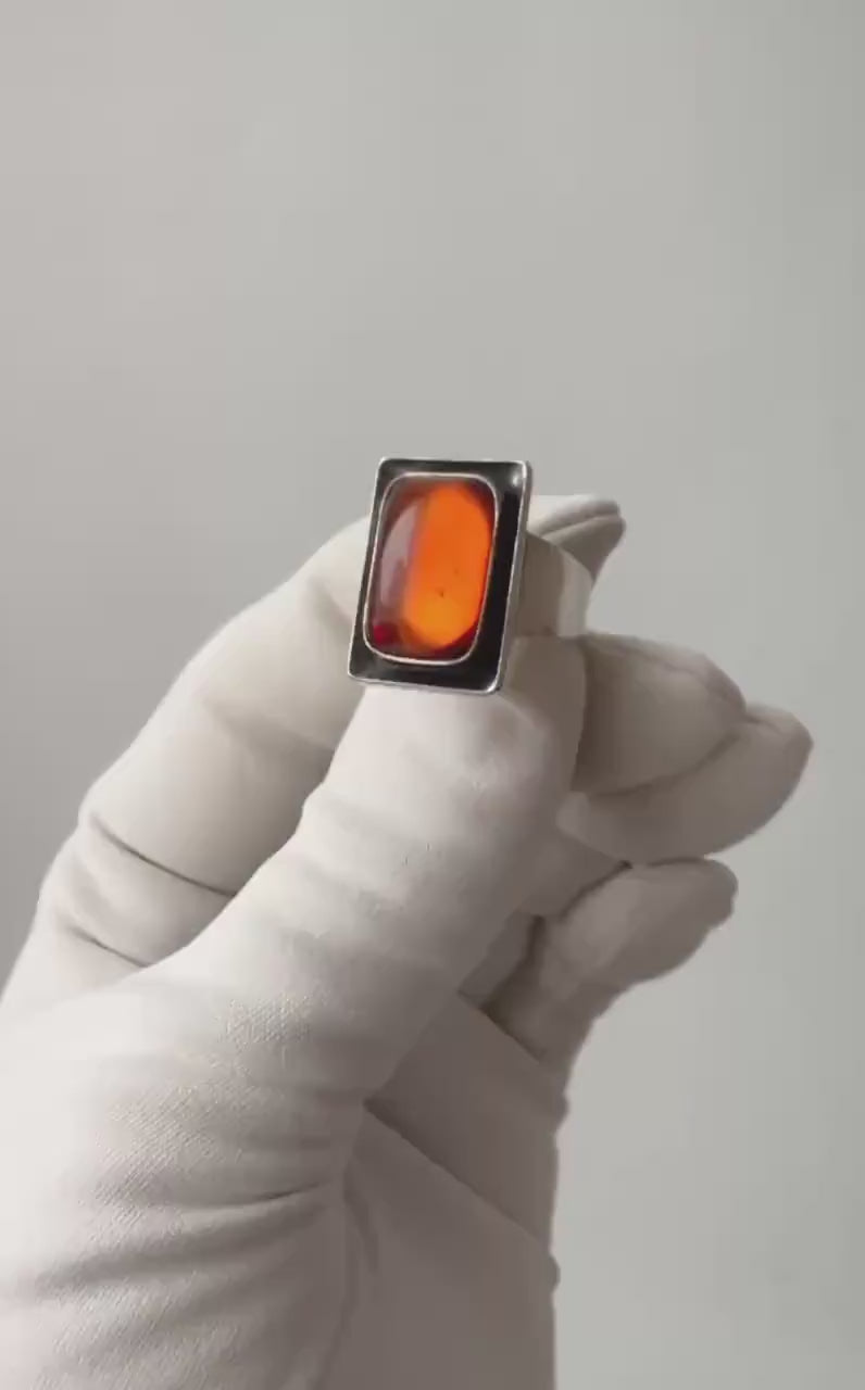 Vintage Baltic Amber Ring, Sterling Silver, Danish Modernist, Niels Erik From. UK size: M