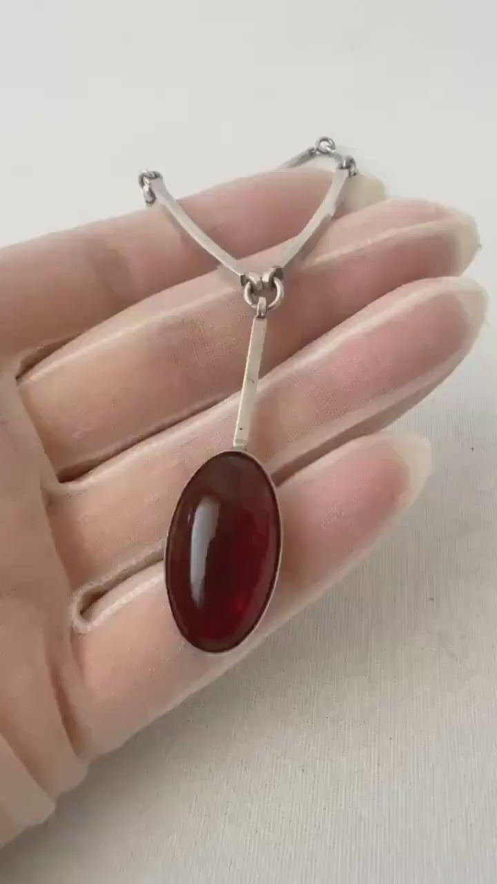 Vintage Baltic Amber Pendant Necklace, Sterling Silver, Danish Modernist, Niels Erik From