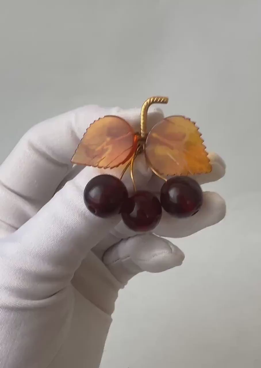 Vintage Baltic Amber Cherry Brooch - Gold Plated Brass Frame, USSR 1980s