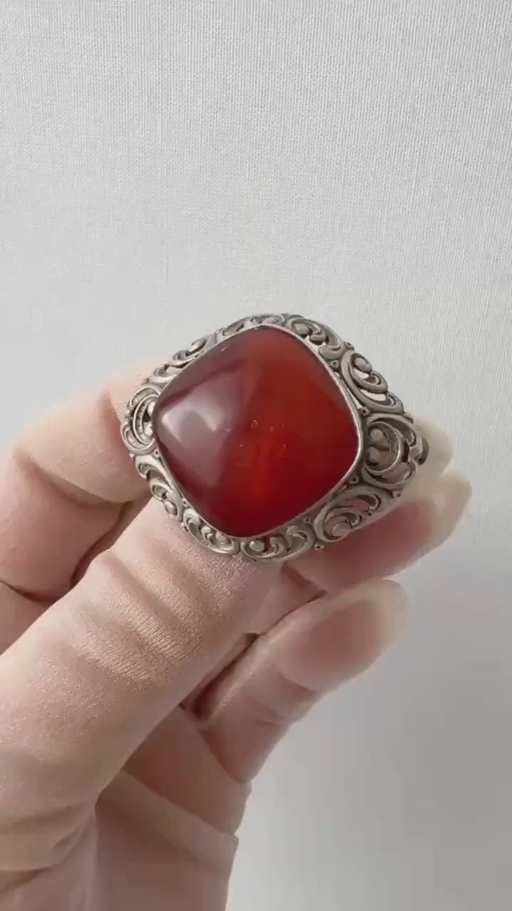 Antique Silver & Natural Amber Brooch. Ornate Art Nouveau Scrollwork.