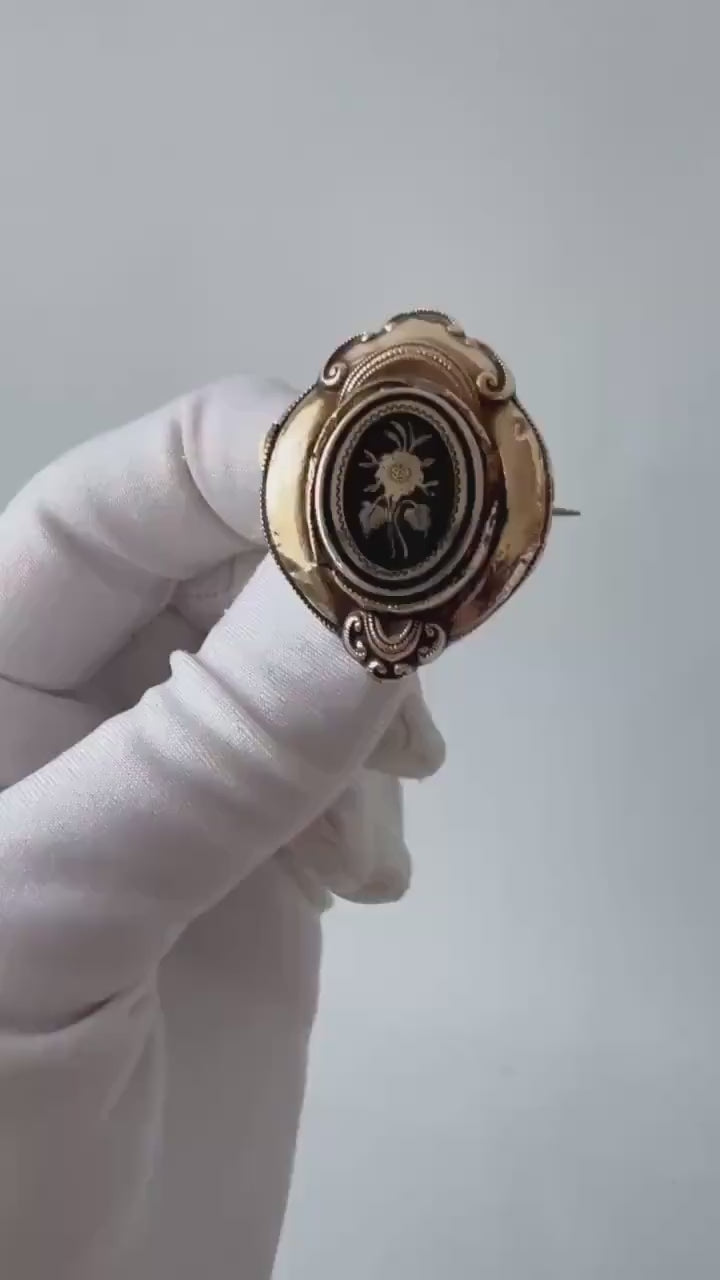 Antique German Biedermeier Mourning Brooch. Foamed Gold & Black Enamel.
