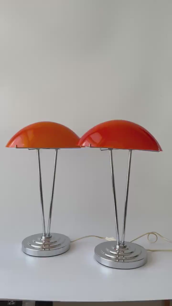 Vintage Pair of IKEA Kupol Lamps: Orange Mushroom Glass, Chrome Base.