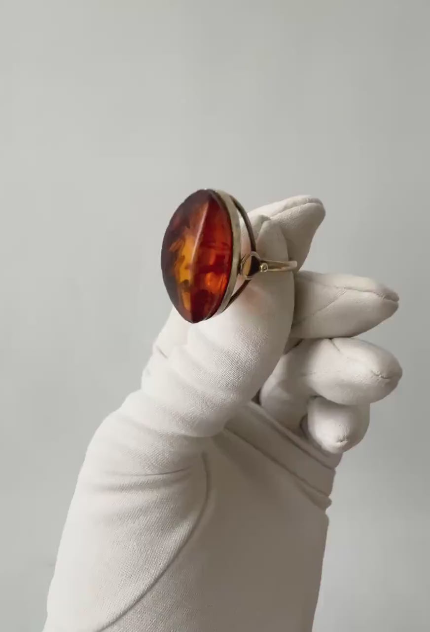 Vintage Baltic Amber Silver Ring – 875 Silver, USSR 1980s. UK size: N