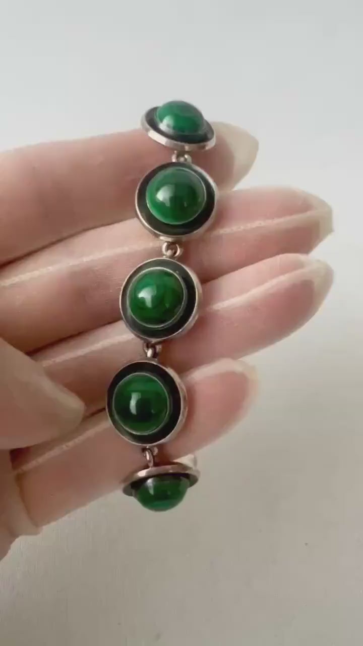 Vintage Malachite Bracelet, Sterling Silver, Danish Modernist, Niels Erik From