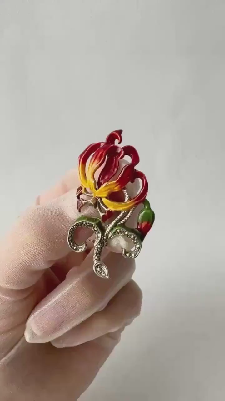 Vintage Enamel and Marcasite Flower Brooch, Red and Yellow Lily