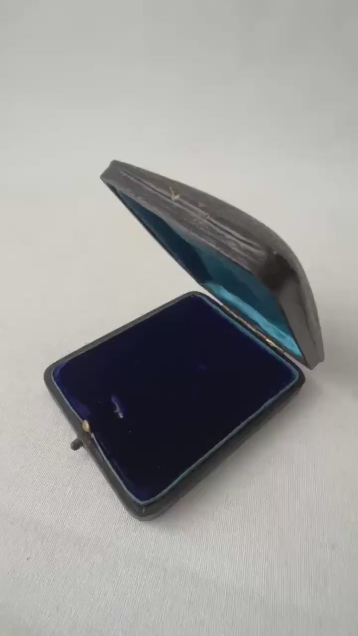Antique Edwardian Leather Jewelry Box Blue Velvet Case