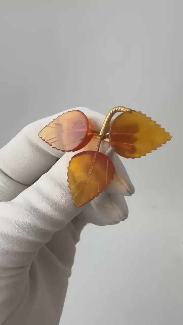 Vintage Baltic Amber Leaves Brooch - Gold Plated Brass Frame, USSR 1980s