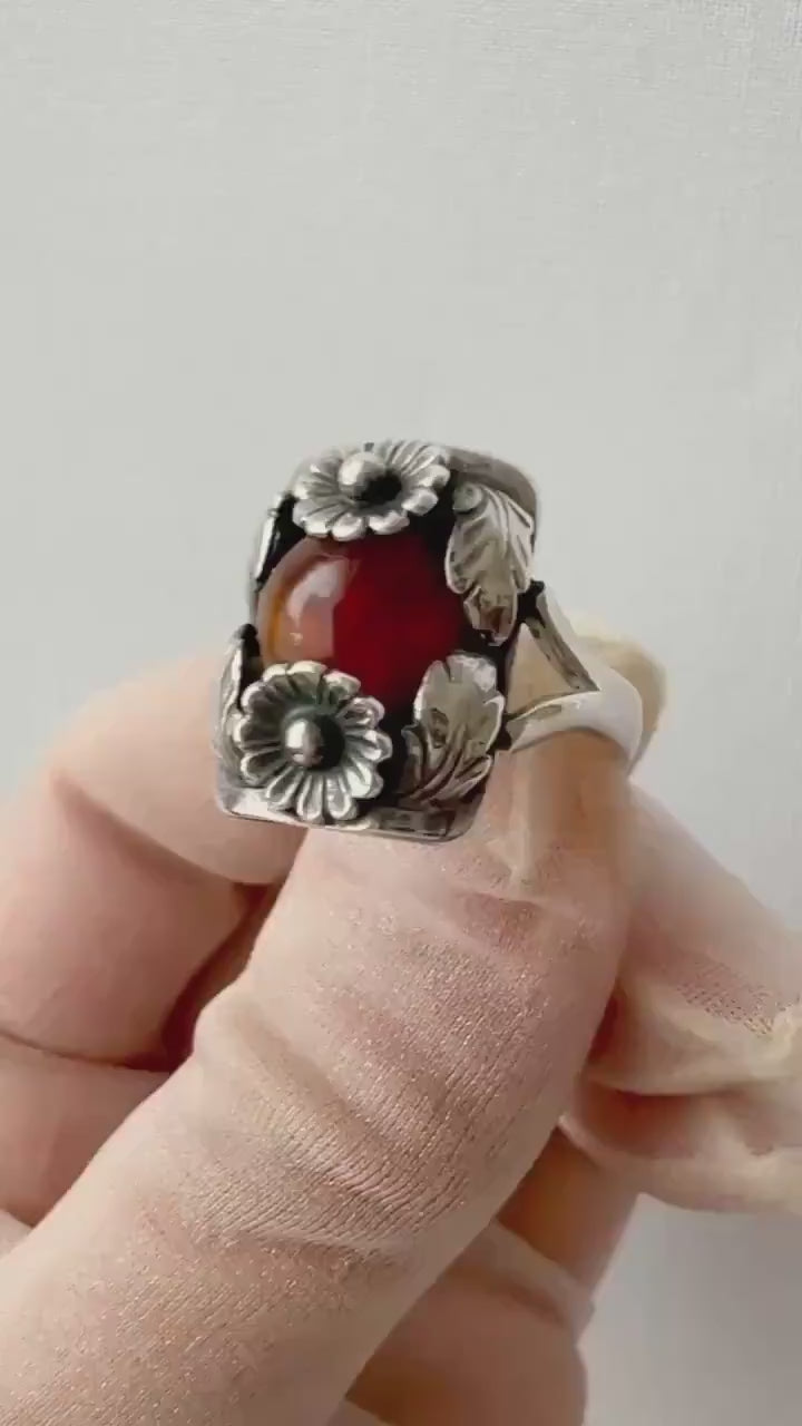 Vintage Baltic Amber Ring, Daisy Design, Sterling Silver, Danish Modernist, Niels Erik From. UK size: P 1/2