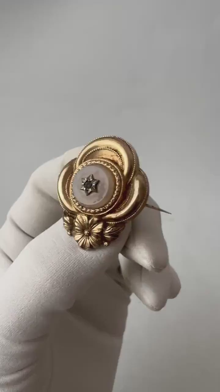 Antique Biedermeier Brooch.  Gold-Foiled Floral Pin with Star-Set Stone.