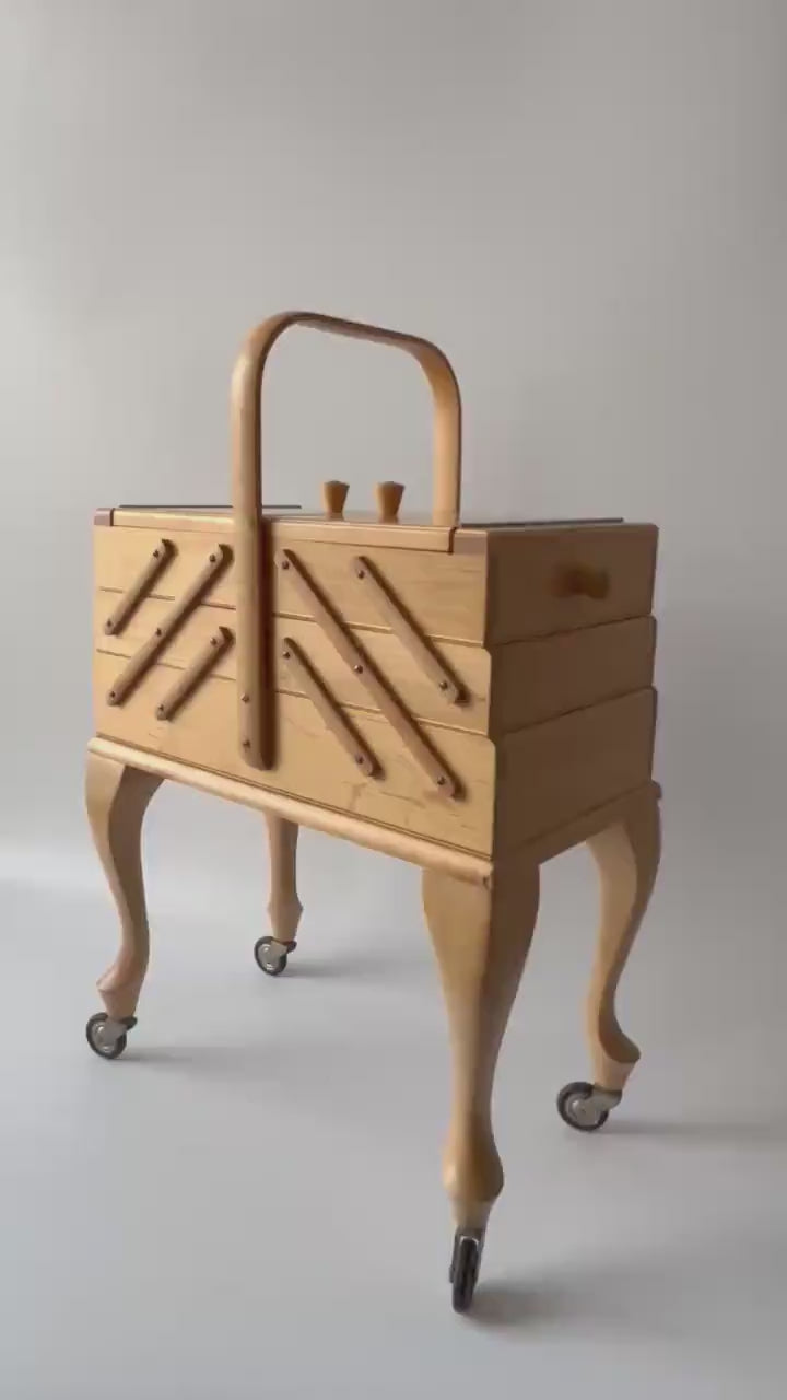 Vintage Stand Sewing Box on Legs with Wheels. Craft Caddy.
