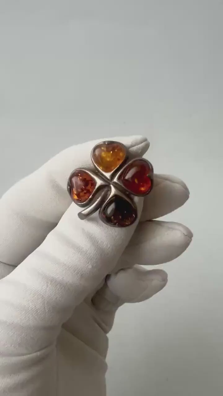 Vintage Baltic Amber Four-Leaf Clover Brooch. Good Luck Charm in Sterling Silver