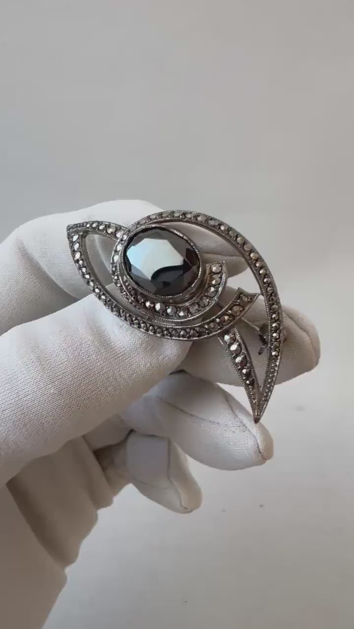 Antique Art Deco 800 Silver & Marcasite Brooch with Hematite