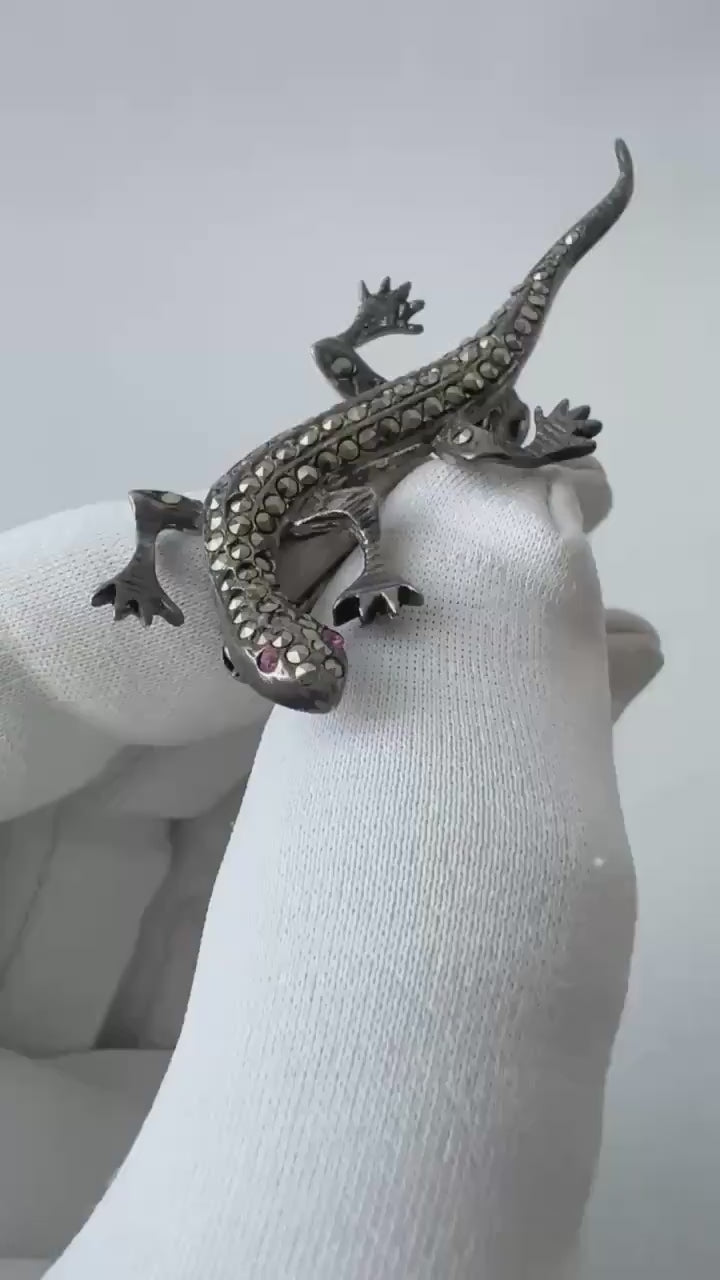 Vintage Silver Marcasite Lizard Brooch with Ruby Eyes.