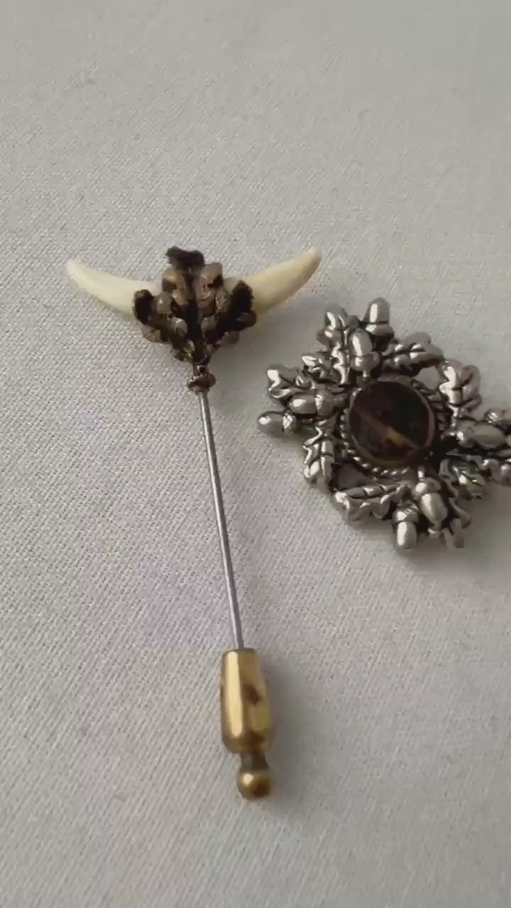 Vintage Charivari Stick Pin and Brooch Set. Alpine Horn Motif & Oak Leaf Jewellery