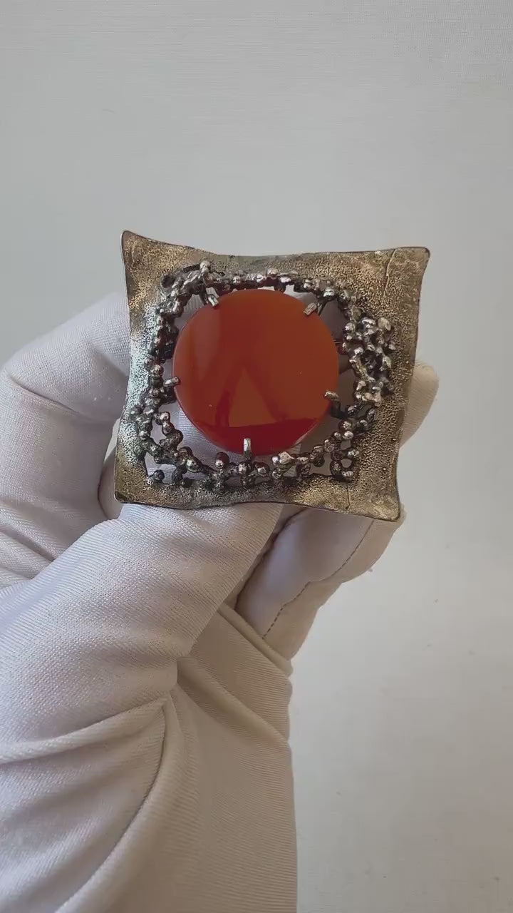 Vintage Brutalist Silver Brooch with Carnelian
