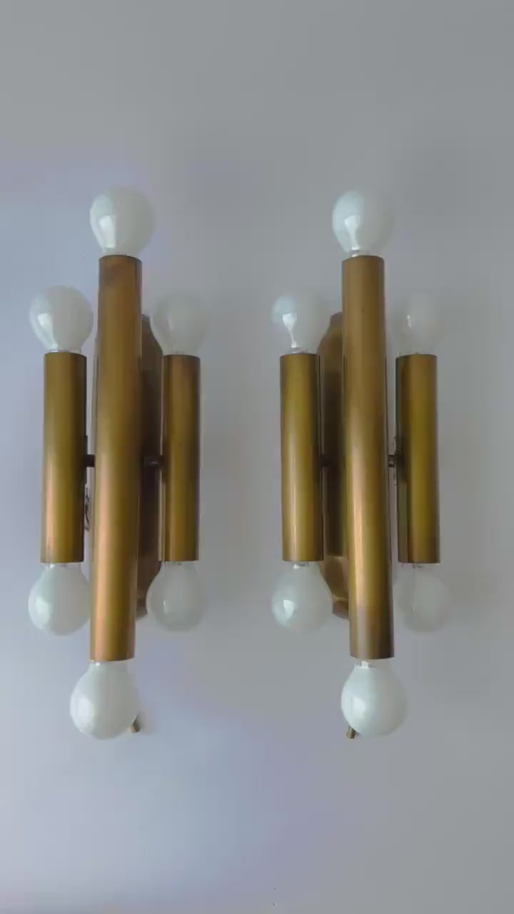 Motoko Ishii Style Mid-Century Modern Bronze Wall Sconces, Set of 2.