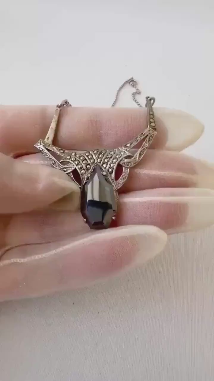 Antique Art Deco 800 Silver & Marcasite Necklace with Faceted Hematite Pendant