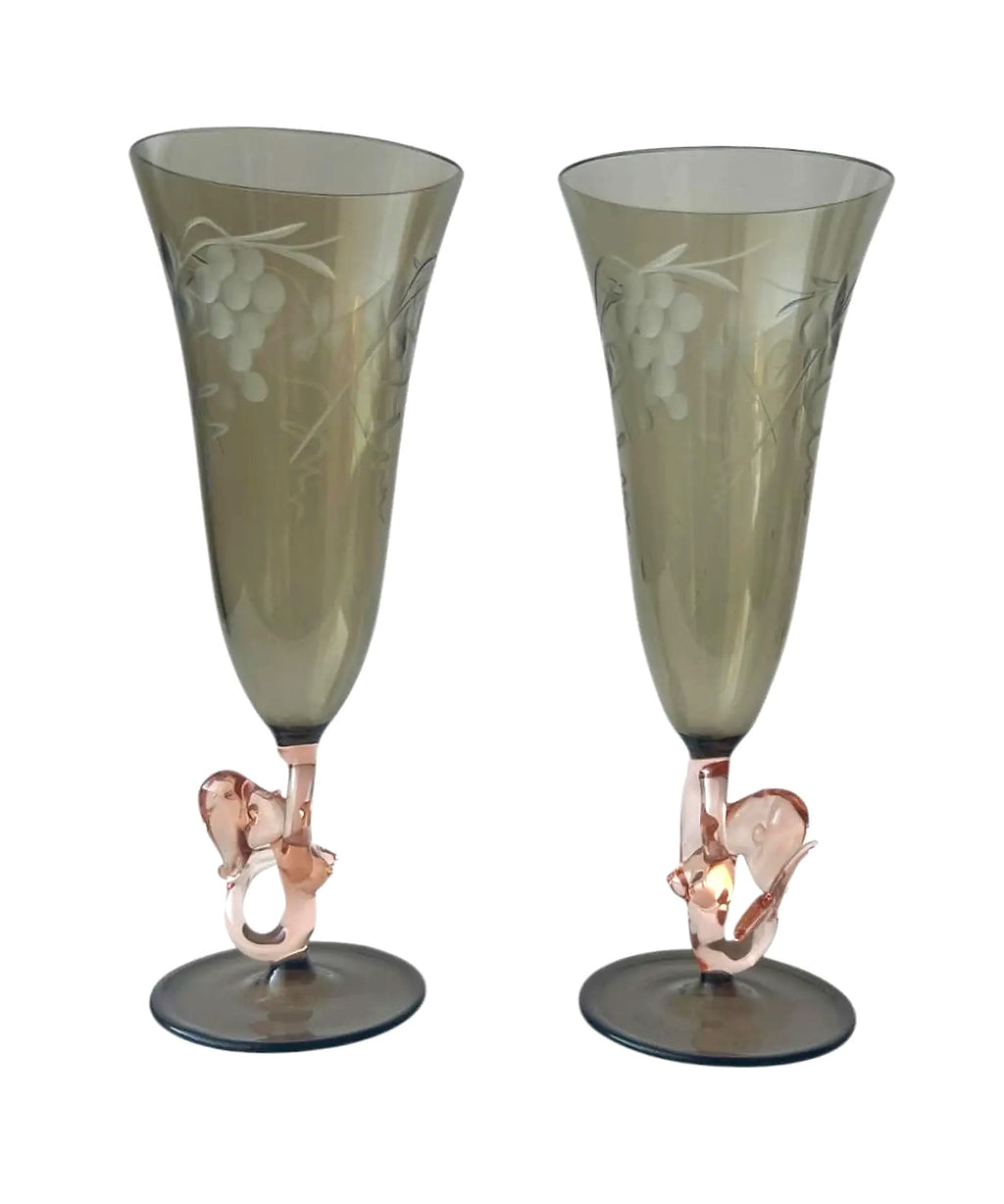 Lauscha Art Deco Mermaid Glasses – Fritz Lampl Style – Hand-Blown Etched Flutes