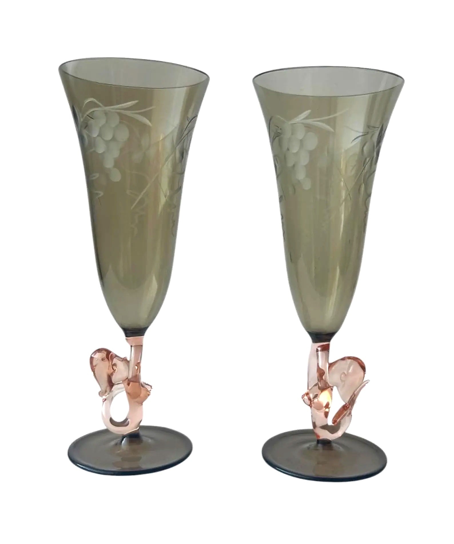Lauscha Art Deco Mermaid Glasses – Fritz Lampl Style – Hand-Blown Etched Flutes