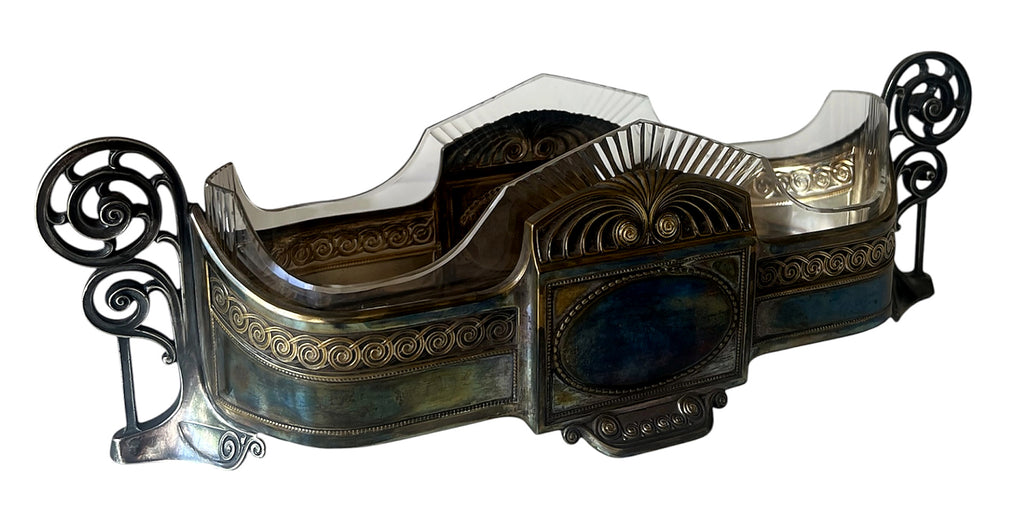 Art Nouveau Silver Plate Jardiniere With Cut Glass Insert, Antique Centrepiece