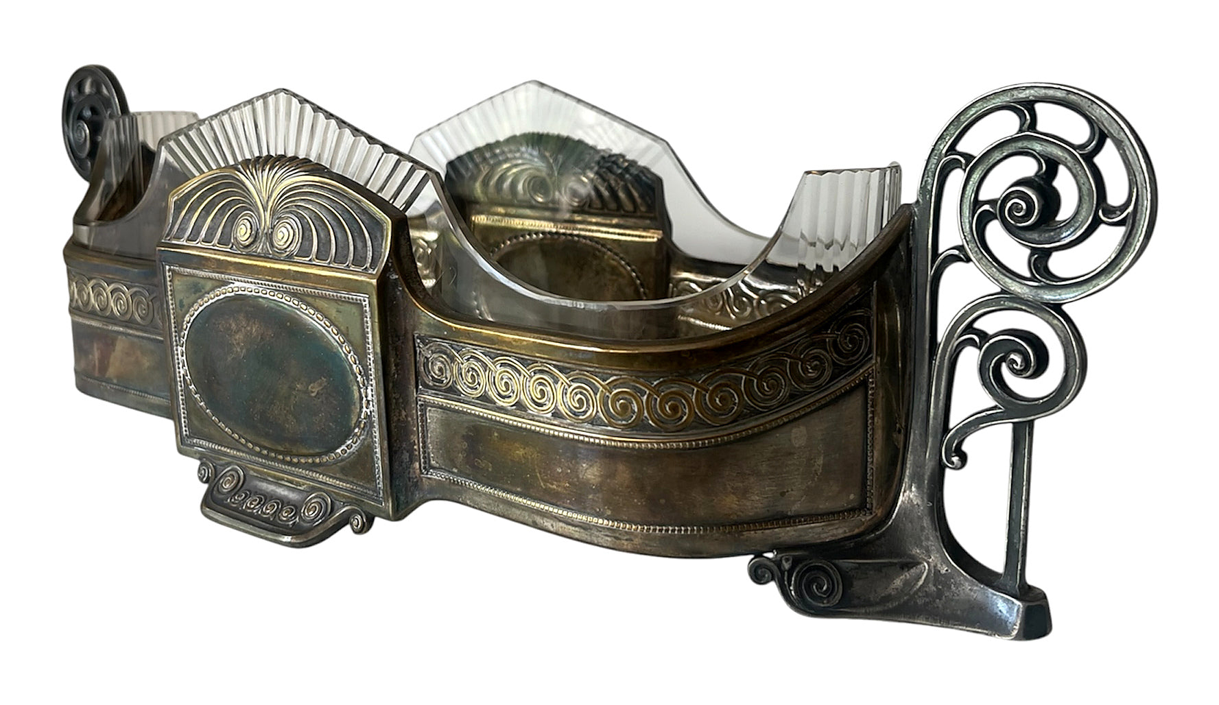 Art Nouveau Silver Plate Jardiniere With Cut Glass Insert, Antique Centrepiece