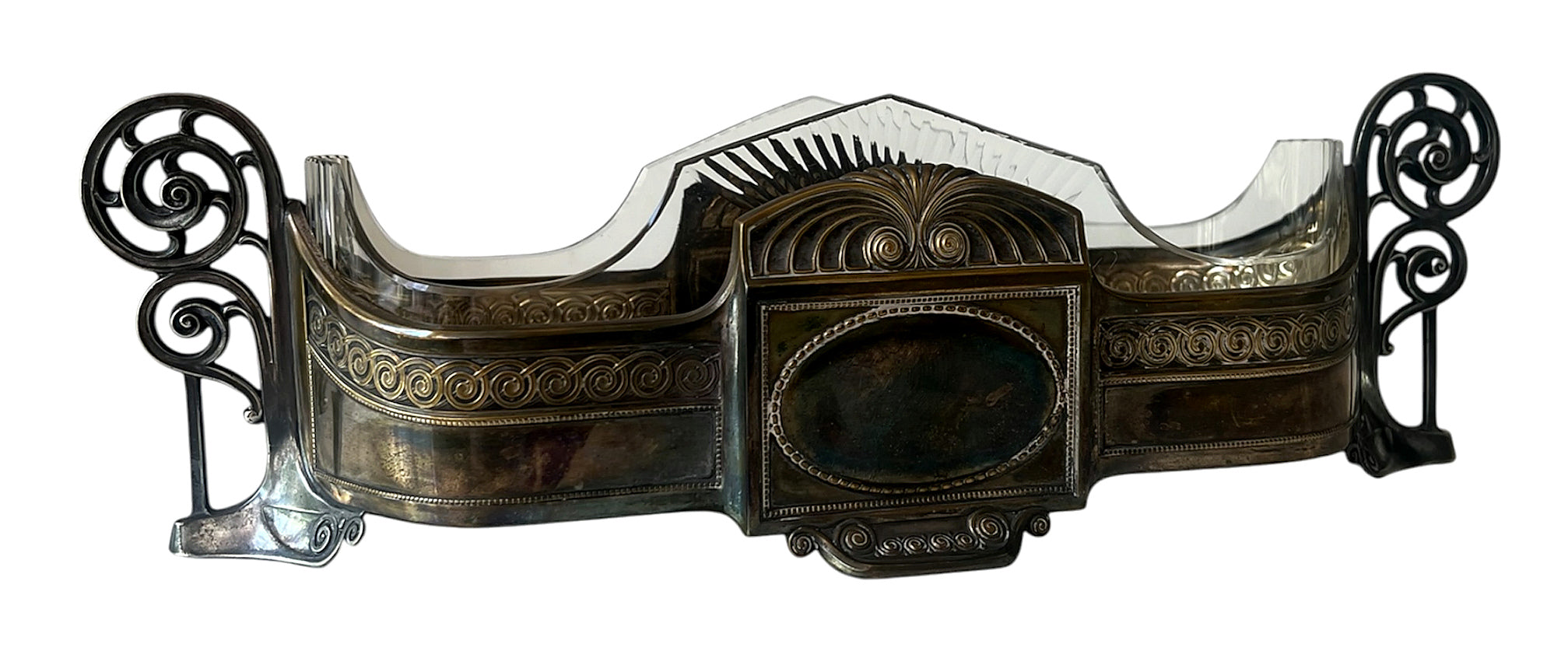 Art Nouveau Silver Plate Jardiniere With Cut Glass Insert, Antique Centrepiece
