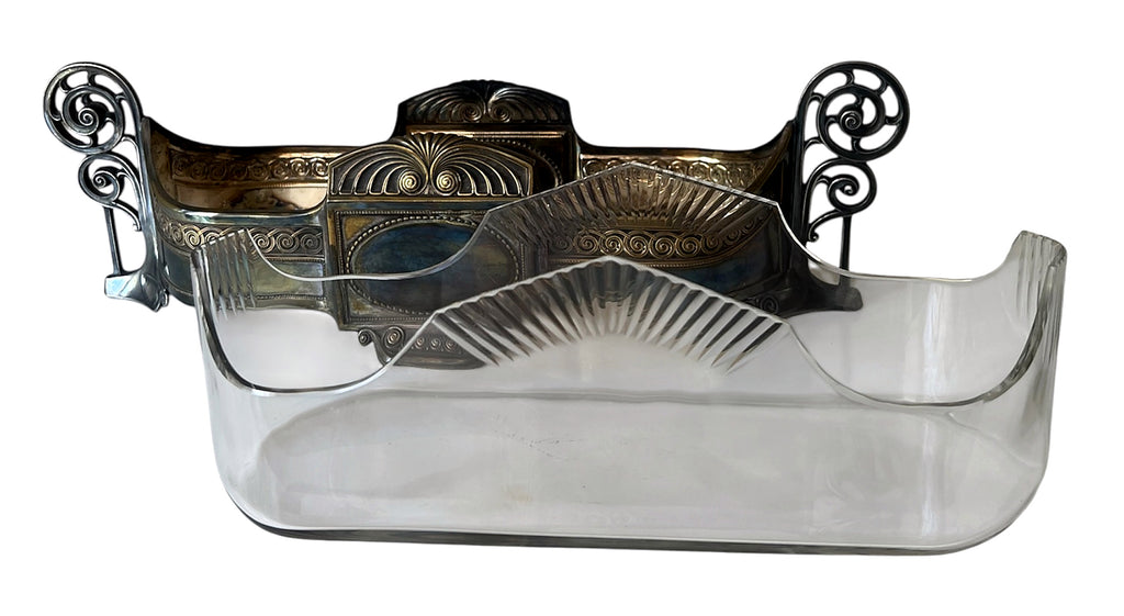 Art Nouveau Silver Plate Jardiniere With Cut Glass Insert, Antique Centrepiece