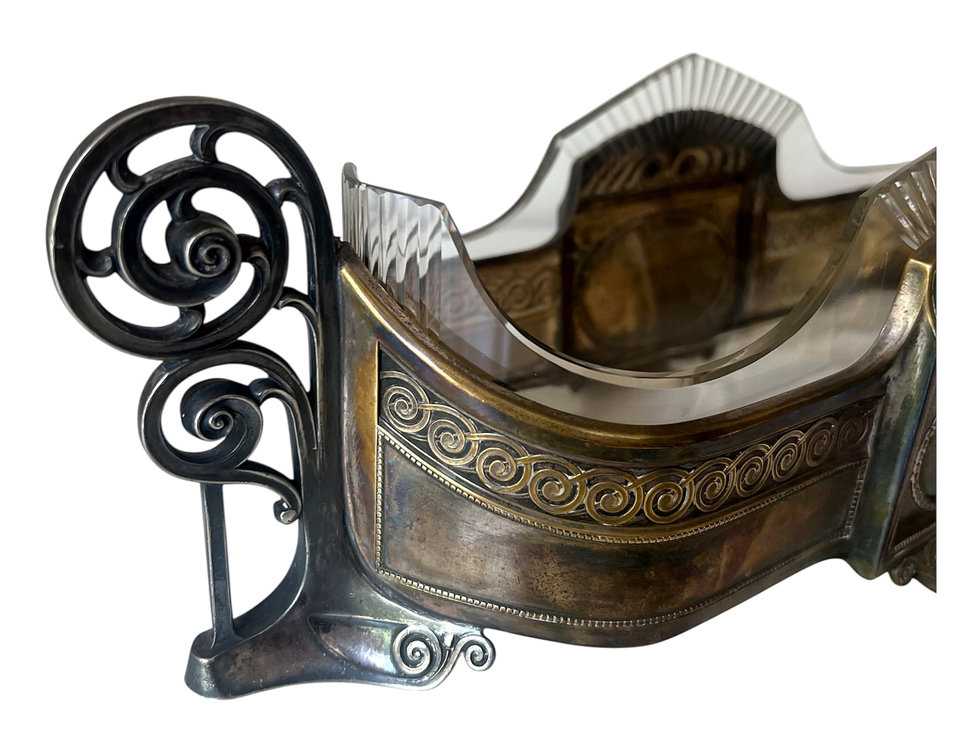 Art Nouveau Silver Plate Jardiniere With Cut Glass Insert, Antique Centrepiece
