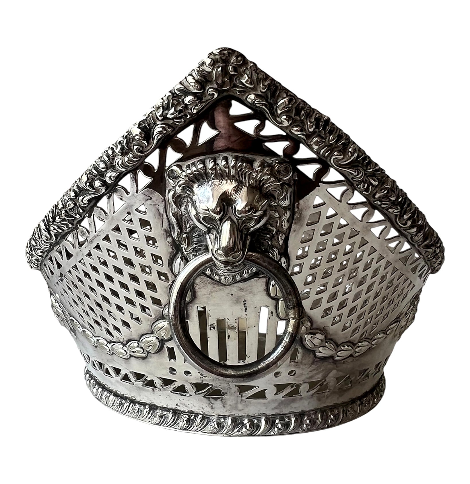 Vintage Ellis Barker EPNS Silver Plate Pierced Basket With Lion Mask Handles