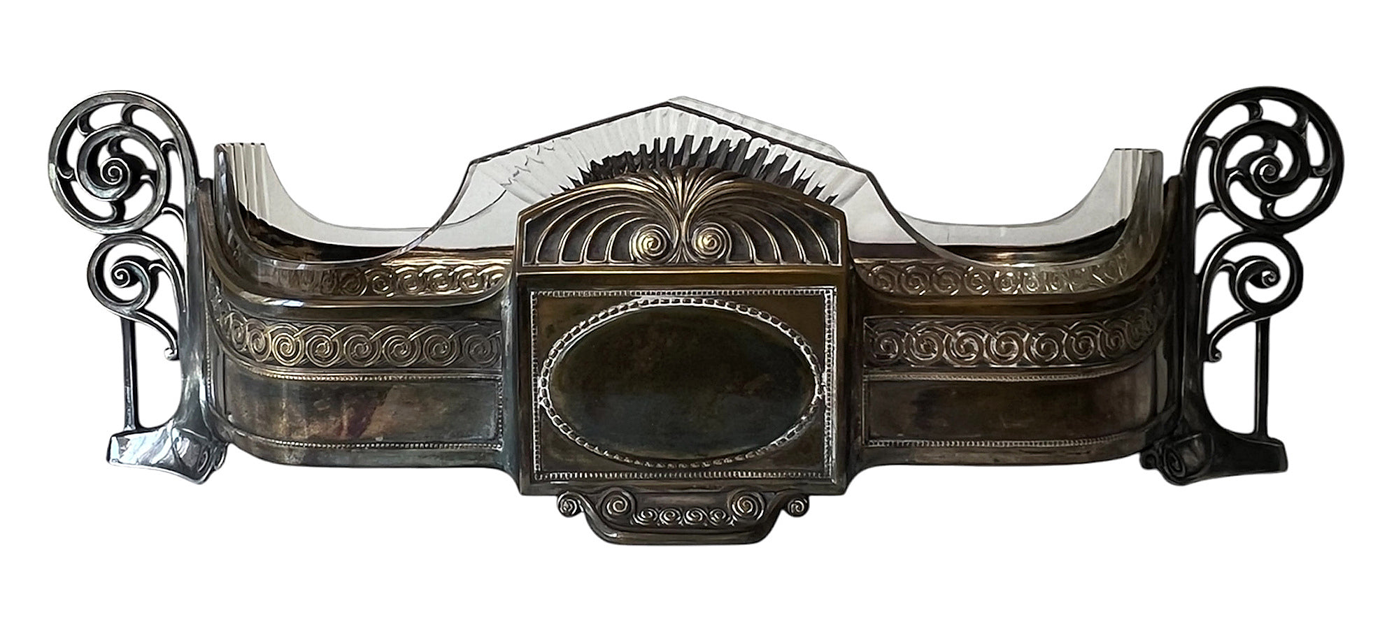 Art Nouveau Silver Plate Jardiniere With Cut Glass Insert, Antique Centrepiece