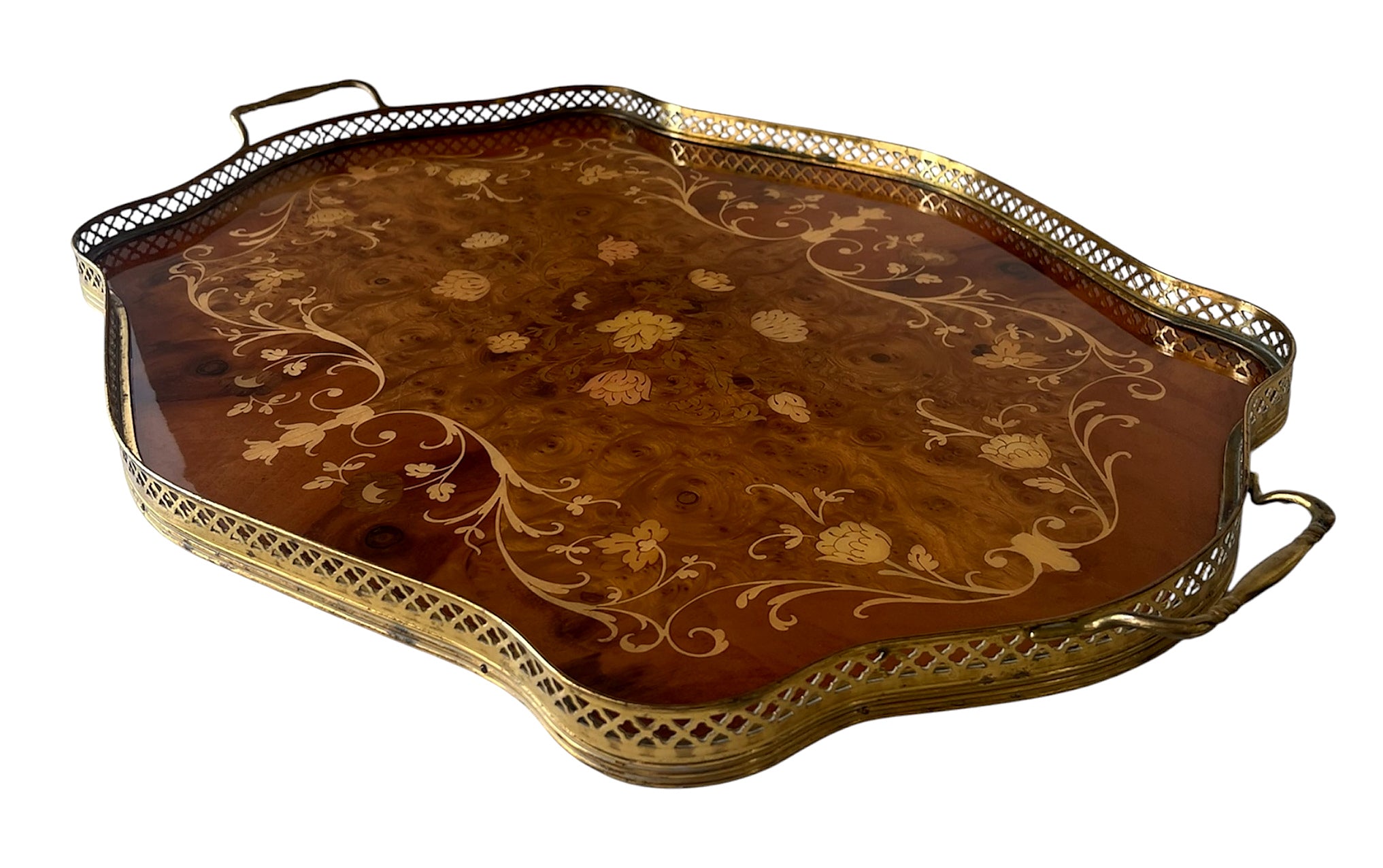Large Vintage Inlaid Wood Serving Tray With Brass Gallery And Handles