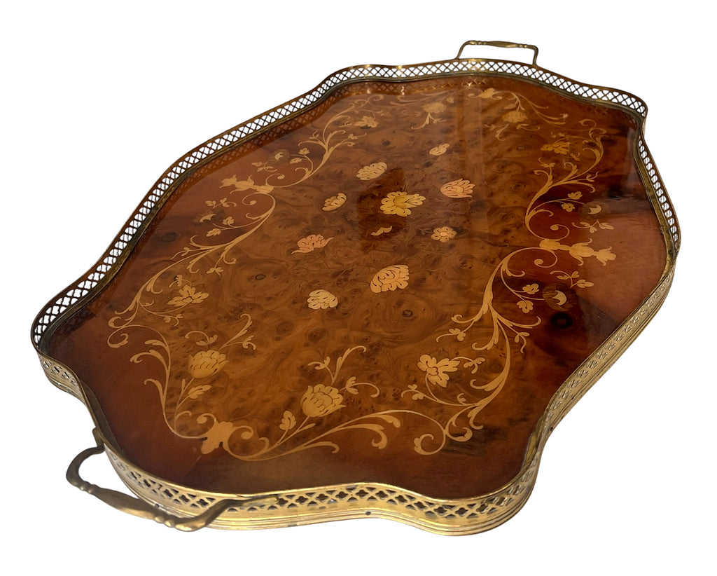 Large Vintage Inlaid Wood Serving Tray With Brass Gallery And Handles