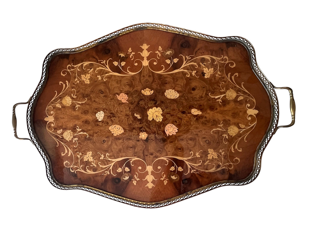 Large Vintage Inlaid Wood Serving Tray With Brass Gallery And Handles