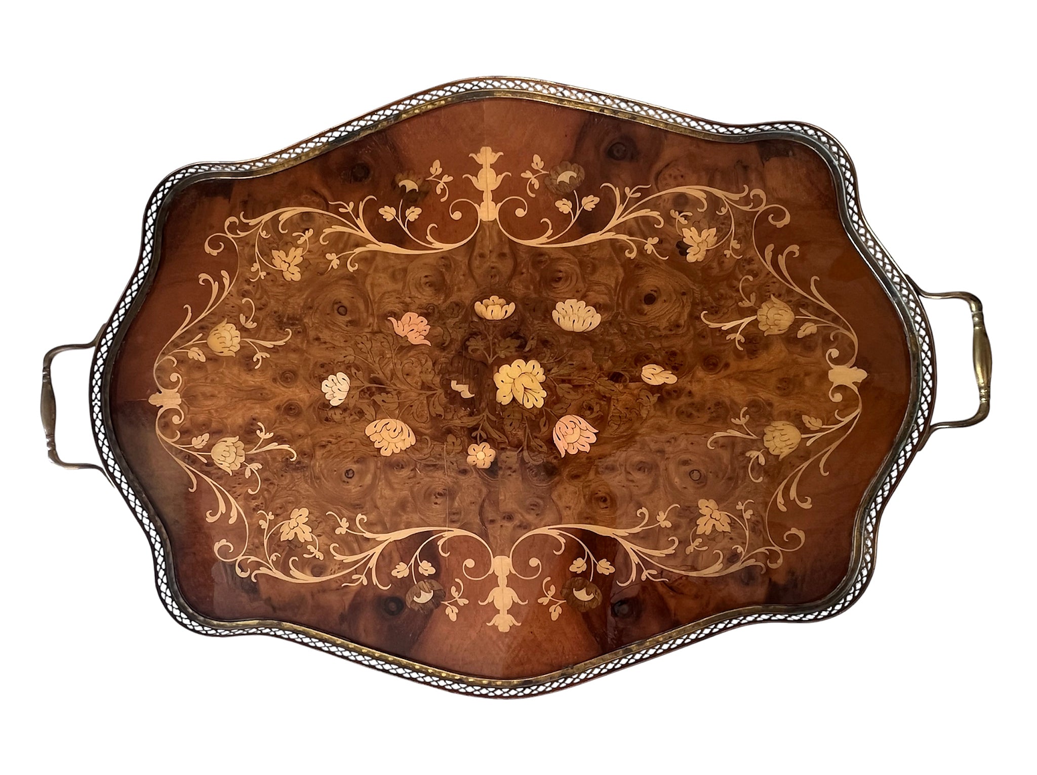 Large Vintage Inlaid Wood Serving Tray With Brass Gallery And Handles