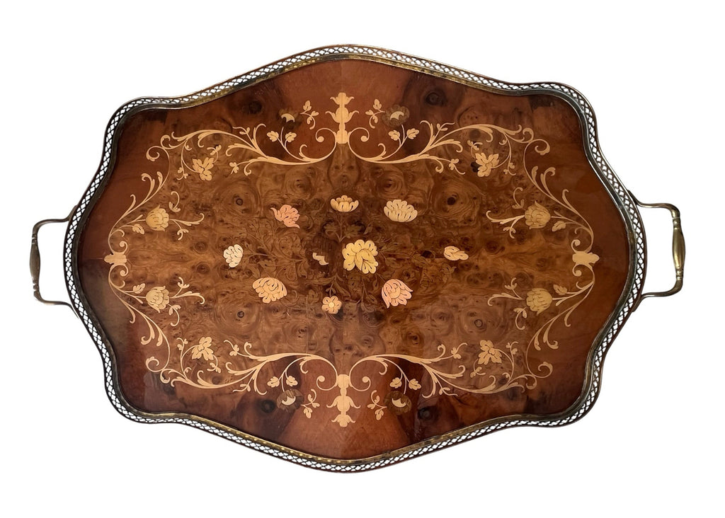 Large Vintage Inlaid Wood Serving Tray With Brass Gallery And Handles