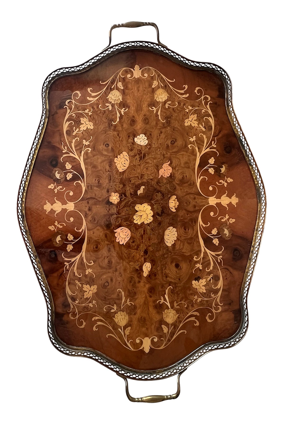 Large Vintage Inlaid Wood Serving Tray With Brass Gallery And Handles