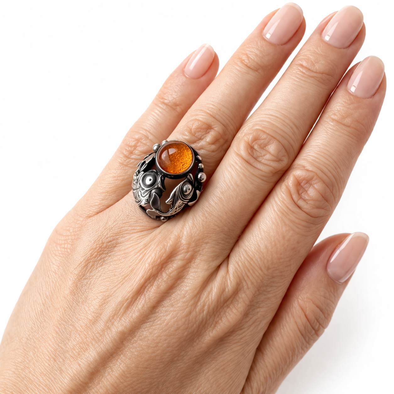 Niels Erik From Danish Sterling Silver Amber Ring Scandinavian Fish Design